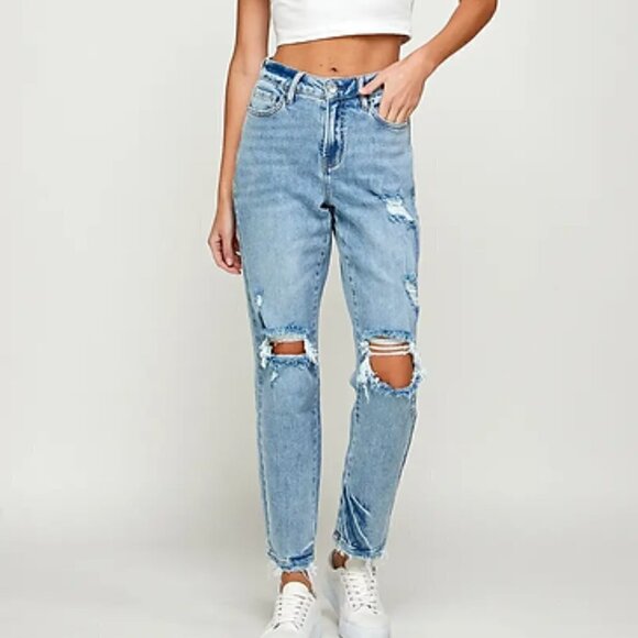 Mid Rise Light Wash Ripped Distressed Boyfriend Denim Jeans - Picture 2 of 8